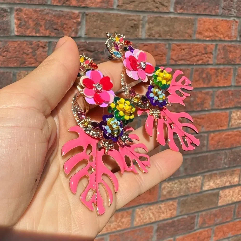Zara Monstera Leaf Tropical Statement Drop Earrings - Picture 7 of 10